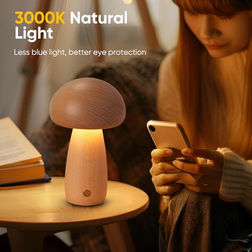 Portable Cordless Wooden Mushroom Night Light, Stepless Dimming, Birthday Gift